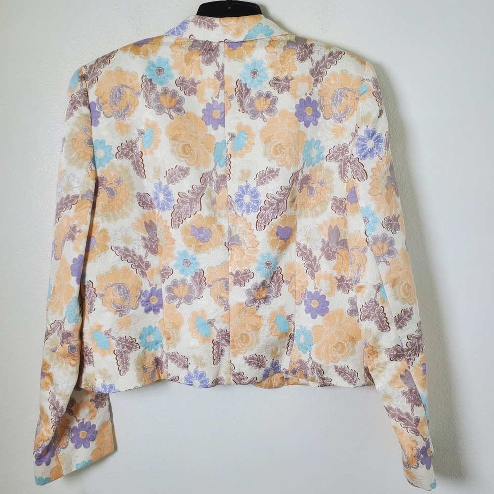 Neiman Marcus Cream & Peach Floral Silk & Cotton Cropped Vintage Blazer Size 14 - Picture 3 of 11